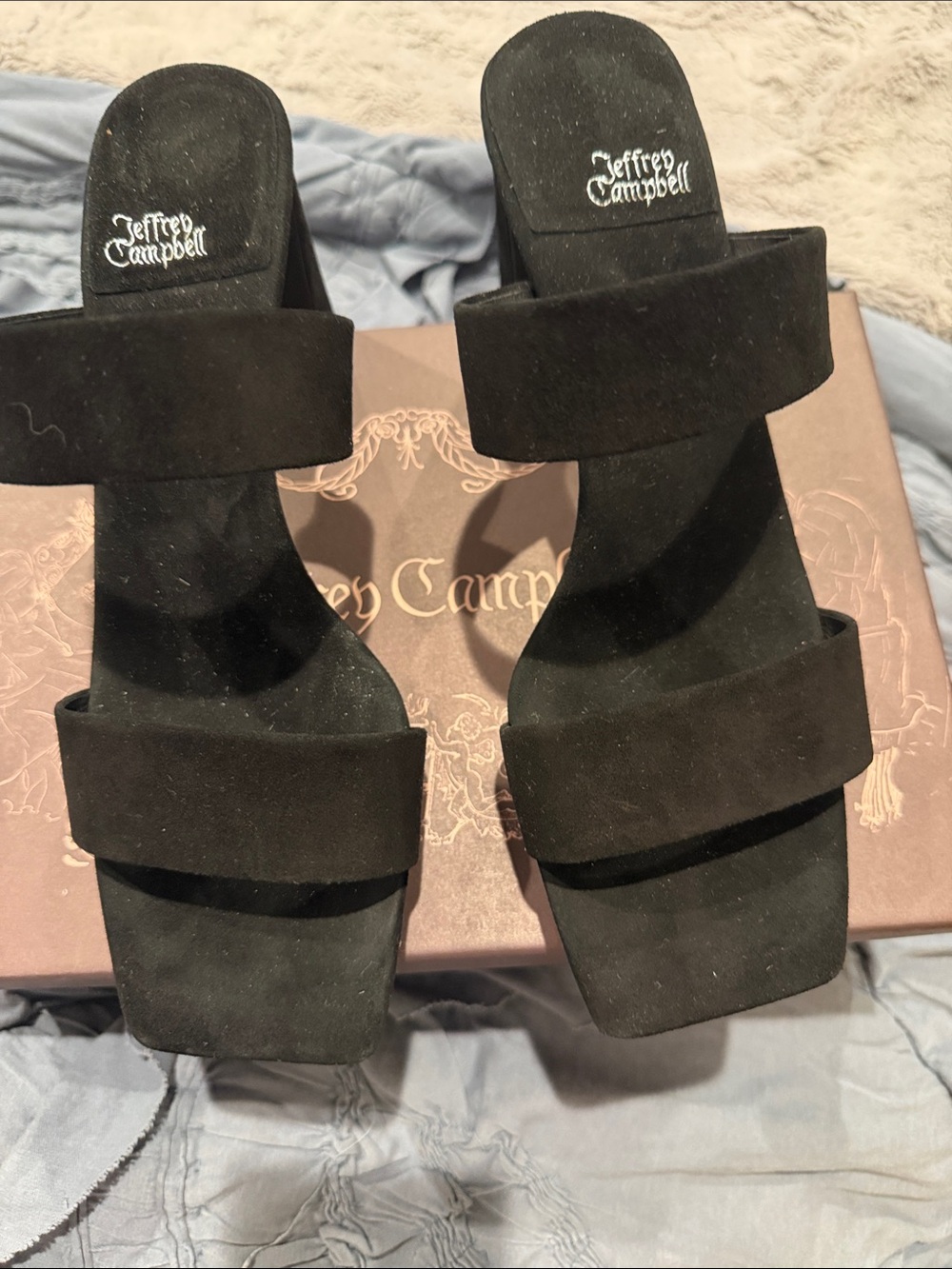 Jeffrey Campbell Black Suede Double-Strap Block Heel Slides